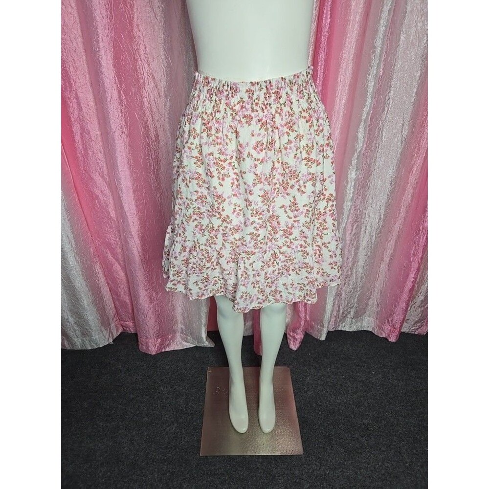 Pink & White Coquette Floral Smocked Tiered Ruffle Mini Skirt Size XL